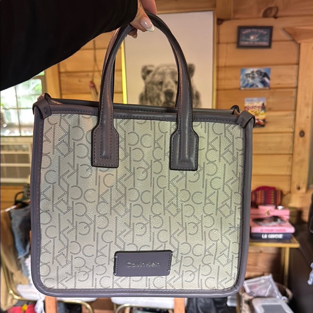 Calvin Klein Cream and lavender  Monogram Structured Medium Tote